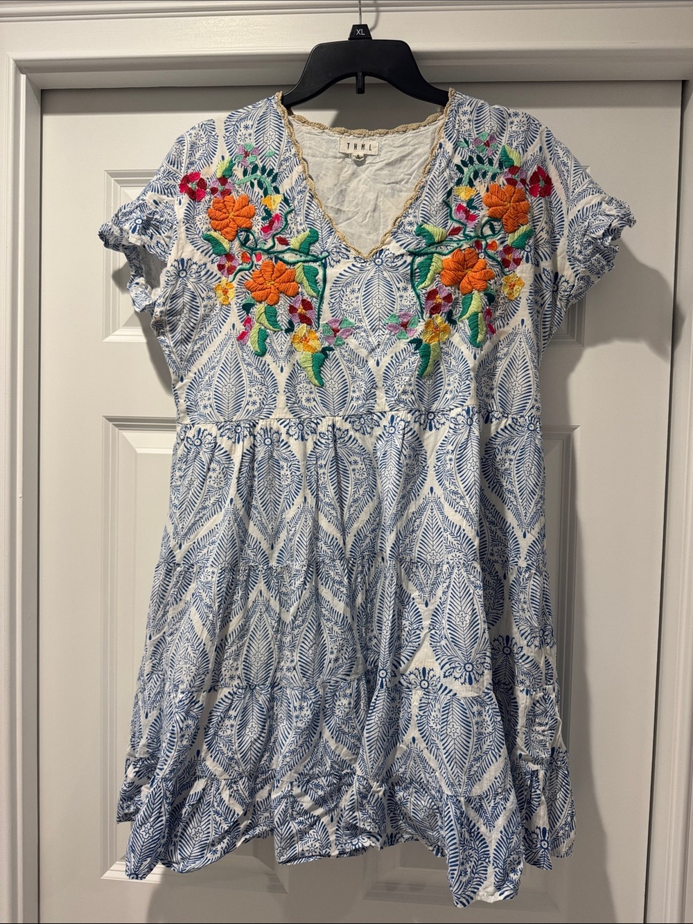 Blue Leaf-Print Dress with Colorful Floral Embroidery